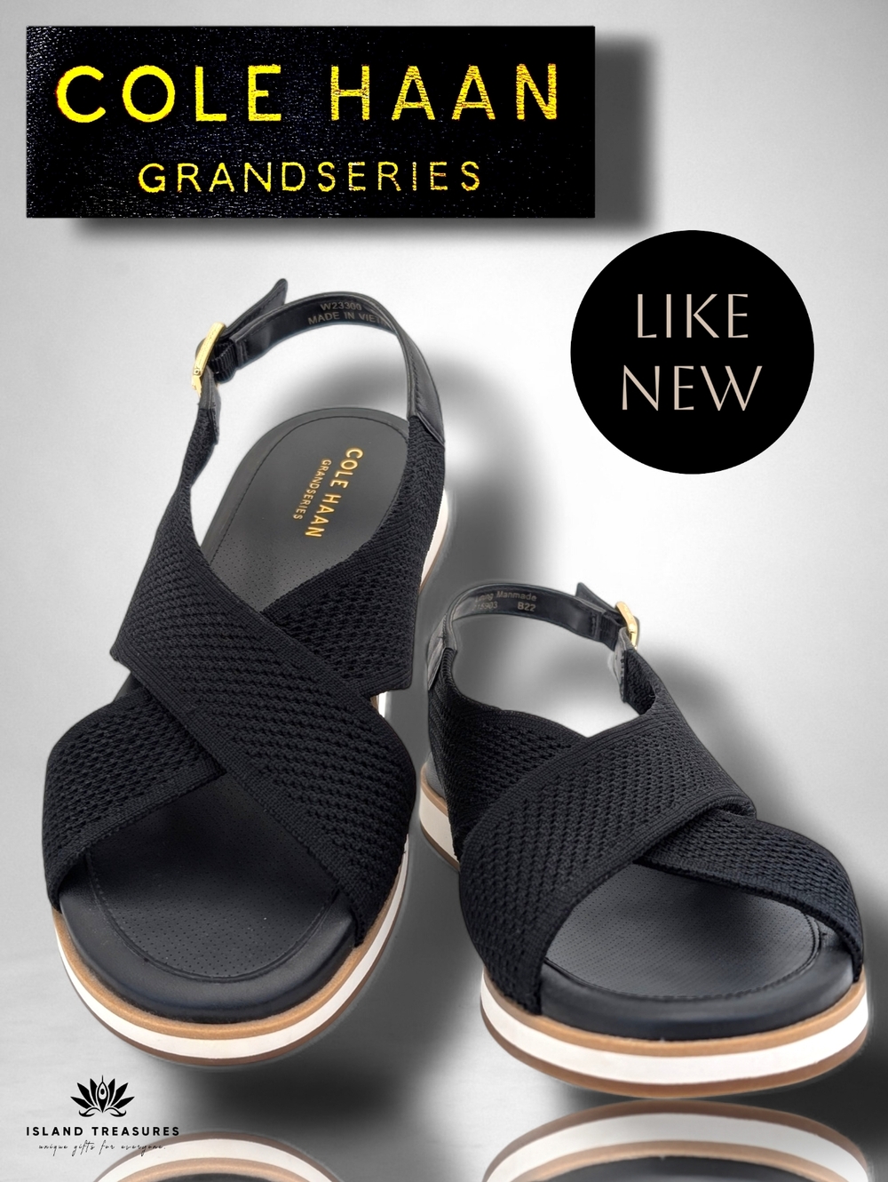 Cole Haan Grandseries Women Sz 8.5B Crisscross Knitt Slingback GoldBuckle Sandal